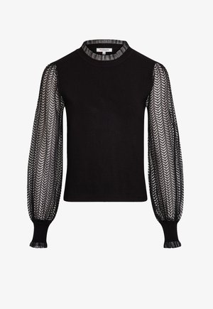 Black sweater with a high neck and solid bodice, featuring sheer, patterned mesh puff sleeves with ribbed cuffs.
