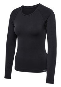 Schwarzes langärmliges Sporthemd mit tailliertem Design, glatter Textur, Raglanärmeln und dezentem Logo-Detail am Saum.