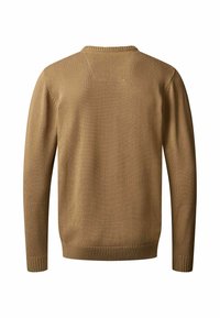 Pull en maille marron à manches longues avec poignets et ourlet côtelés, vu de dos sur fond blanc.