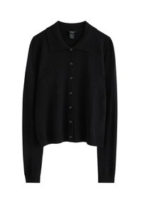 Sort cardigan med krave, knapfront, lange ærmer og cropped design. Lavet af blødt stof med en glat overflade.
