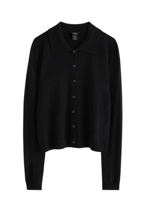 Sort cardigan med krave, knapfront, lange ærmer og cropped design. Lavet af blødt stof med en glat overflade.