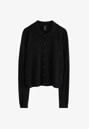 Sort cardigan med krave, knapfront, lange ærmer og cropped design. Lavet af blødt stof med en glat overflade.