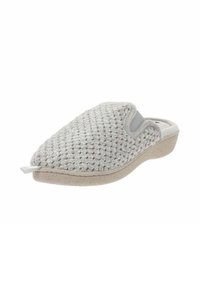 Zueco de punto gris con un exterior texturizado, forro suave, suela acolchada y una pequeña lengüeta en el talón para facilitar su colocación.