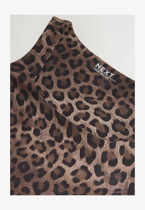 Top fără mâneci cu imprimeu de leopard, cu decolteu pătrat, fabricat dintr-un material moale. Prezintă pete de culoare maro închis și negru pe un fundal maro deschis.