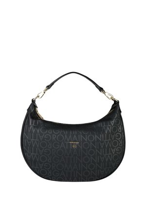 Borsa a mano nera a forma di mezzaluna con motivo testuale "ROMAIN GATTINONI" ripetuto, cerniera dorata e manico staccabile con fibbie dorate.