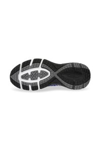Black and grey athletic shoe sole with a textured grip, featuring a clearly defined tread pattern and white accents.
