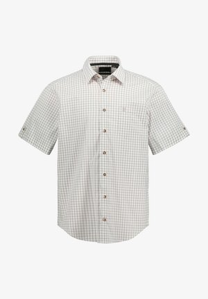 Kortebloemige shirt in lichtgrijs en witte ruitpatroon, met bruine knopen en een zak op de linkerborst. Gemaakt van ademende stof.