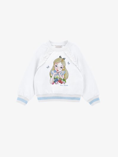 Weißes Sweatshirt mit einer farbenfrohen Alice-Illustration in der Mitte. Hat hellblaue Streifen an den Bündchen und dem Saum sowie fransige Akzente.