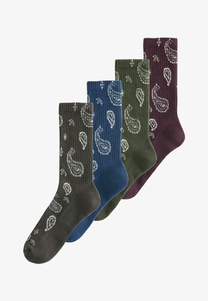 Neljät puuvillasukat, väreinä tummanvihreä, laivastonsininen, oliivinvihreä ja viininpunainen. Jokaisessa on valkoinen paisley-kuvioutettu ribbineulos.