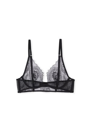 Bralette en dentelle noire avec des bonnets triangulaires transparents, motif floral, bretelles ajustables et une bande solide. Texture délicate avec des détails raffinés.