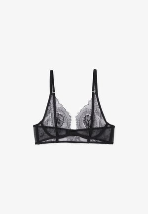 Schwarzer Spitzen-Bralette mit durchsichtigen dreieckigen Cups, Blumenmuster, verstellbaren Trägern und einem soliden Bund. Zarte Textur mit filigranen Details.