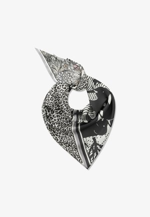 Seidenschal mit schwarz-weißen Tiermustern, darunter Leopardenflecken, Zebrastr stripes und florale Designs, zu einem lockeren Knoten gefaltet.