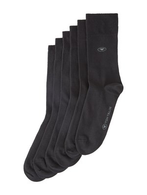Schwarze Crew-Socken aus einem weichen Stoff, mit gerippten Bündchen und einem dezenten Logo-Druck. Sechserpack mit glatter Textur.