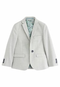 Světle šedý blazer s texturovanou tkaninou, zapínán�í na jeden knoflík, klopové límce a květinovou podšívku. Obsahuje dvě přední kapsy.