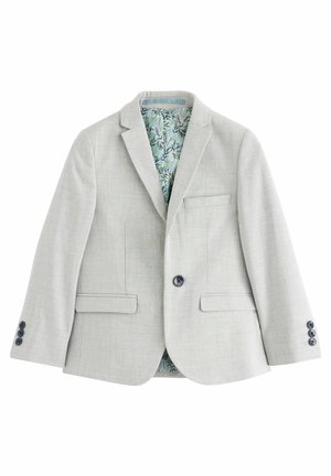 Helle graue Blazer aus strukturiertem Stoff, mit einem einzigen Knopfverschluss, gekerbten Revers und einem floralen Innenfutter. Verfügt über zwei Fronttaschen.