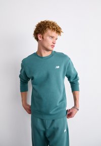 Teal sweatshirt met ronde hals en ribbelboorden, voorzien van een klein wit logo op de borst. Zacht materiaal, relaxte pasvorm.