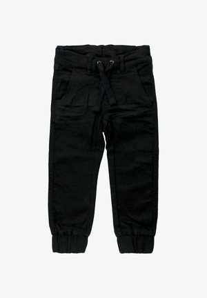 Sorte bukser lavet af bomuld med elastisk talje og snor. Har to forlommer og elastiske manchetter ved anklerne.