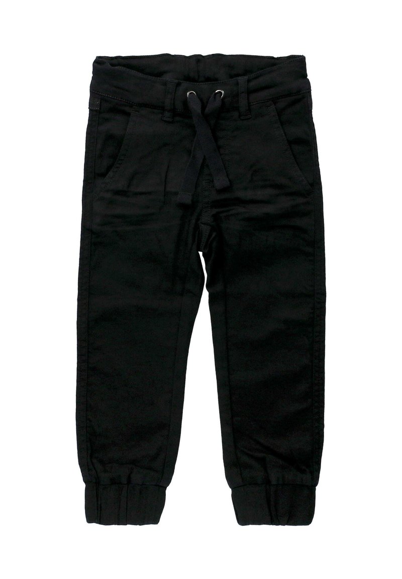 Schwarze Baumwollhosen mit einem elastischen Bund und Kordelzug. Verfügt über zwei Fronttaschen und elastische Bündchen an den Knöcheln.