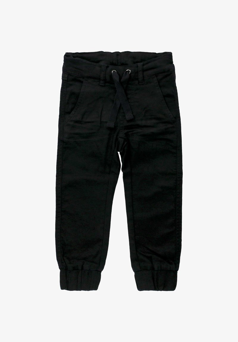 Schwarze Baumwollhosen mit einem elastischen Bund und Kordelzug. Verfügt über zwei Fronttaschen und elastische Bündchen an den Knöcheln.