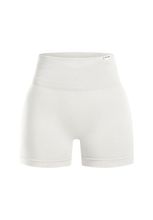 Pantaloni sportivi bianchi con una vita alta e rigata. Realizzati in un tessuto liscio e elastico. Presentano un design semplice senza motivi o dettagli visibili.