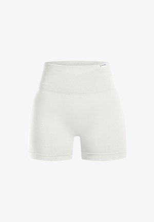 White athletic shorts with a high, ribbed waistband. Made of smooth, stretchable fabric. Features simple design and no visible patterns or accents.