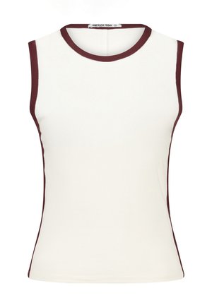 Sleeveless fitted top in white fabric with burgundy trim along the neckline and armholes. Smooth texture, minimal design.