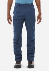 Pantalons de plein air pour hommes, de couleur bleue, en tissu léger, avec poches, un détail de fermeture éclair sur le côté et une coupe droite.