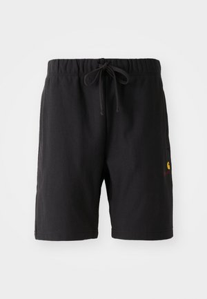Shorts noirs avec une taille élastique et un cordon de serrage. Présente une poche latérale et un petit logo rouge et jaune sur le bas à gauche.