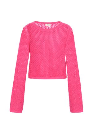 Pulover croșetat de culoare roz aprins, cu mâneci lungi și croială scurtă, cu decolteu rotund, pe fundal alb.