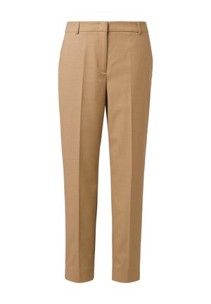 Pantaloni sartoriali beige realizzati in un tessuto liscio. Presentano una parte frontale piatta, passanti per cintura e gambe dritte per una silhouette pulita e moderna.