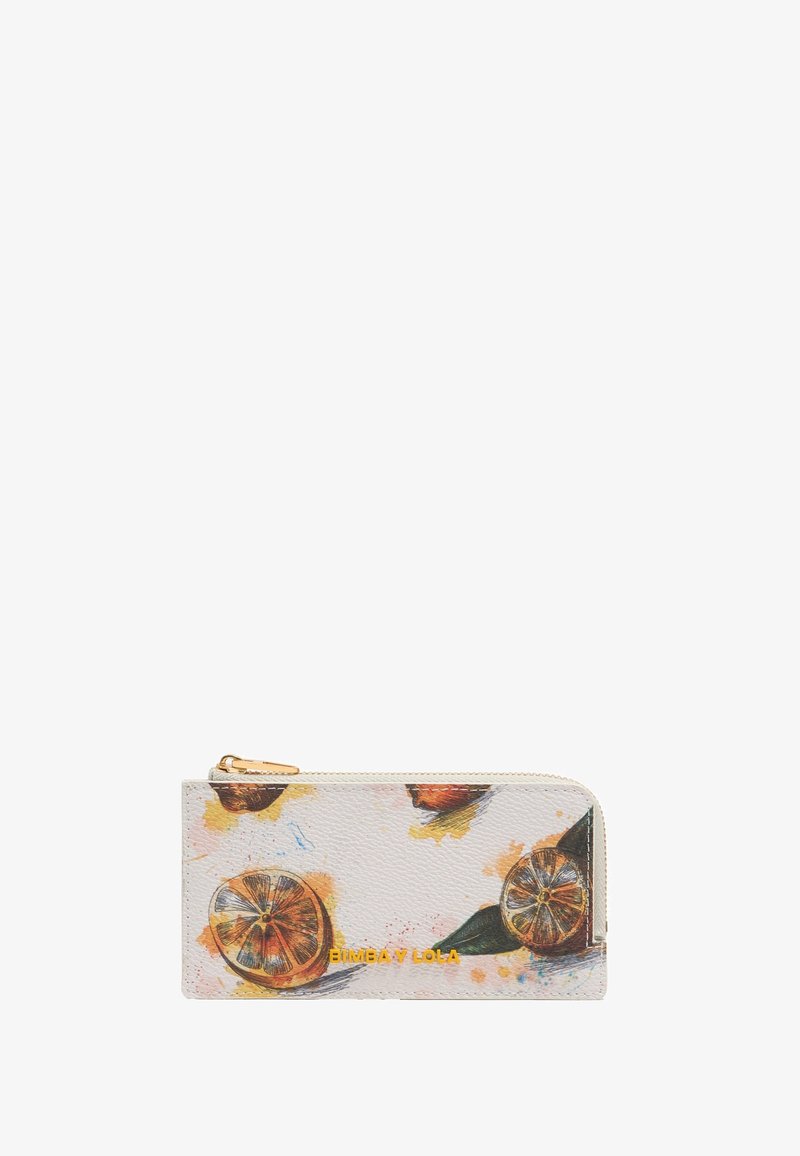 White zippered wallet with orange citrus fruit illustrations and "BIMBA Y LOLA" in gold lettering on the front.