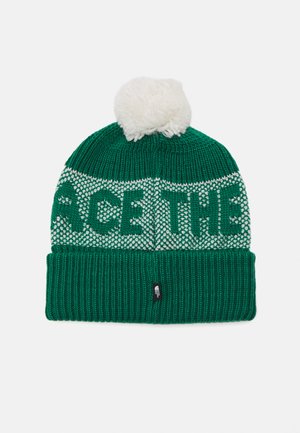 Green knitted beanie with white knit pattern reading "ACE THE" and a white pom-pom on top. Features a ribbed cuff and brand label.