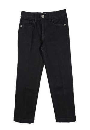Jeans in denim nero con taglio dritto, dotati di chiusura a bottone, cinque tasche e dettagli di cucitura discreti.