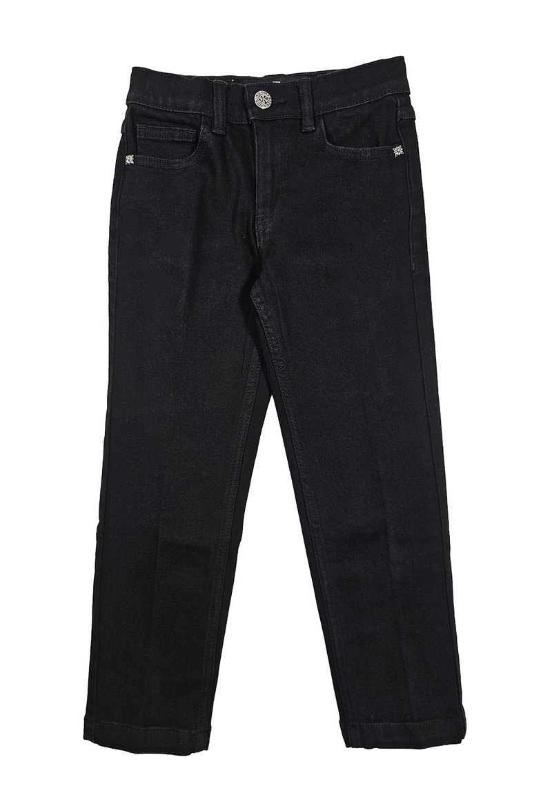 Jeans in denim nero con taglio dritto, dotati di chiusura a bottone, cinque tasche e dettagli di cucitura discreti.