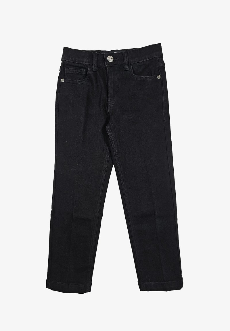 Jeans in denim nero con taglio dritto, dotati di chiusura a bottone, cinque tasche e dettagli di cucitura discreti.