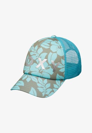 Casquette de baseball à motif floral turquoise et gris avec panneaux arrière en maille turquoise et lettres "OXY" argentées à l'avant.