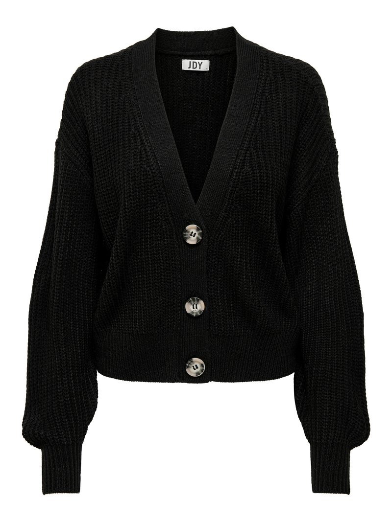 Cardigan preto de malha com um decote em V profundo, três grandes botões metálicos e mangas largas, com um acabamento de tecido texturizado.