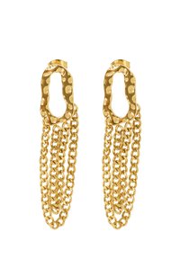 Orecchini d'oro con un design ovale texturizzato nella parte superiore e catene pendenti sottostanti. Le catene sono costituite da anelli circolari interconnessi.