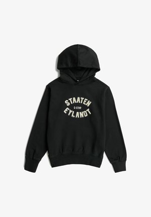 Sweat à capuche noir avec "STAATEN EYLANDT" et "G-STAR" imprimés en blanc sur le devant. Manches longues et poignets et ourlet côtelés.