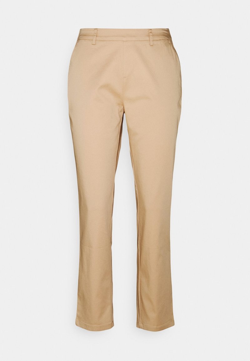 Pantalons beige à jambe droite en mélange de coton, présentant un devant plat, des passants de ceinture et des détails de couture subtils. Aucune poche visible.