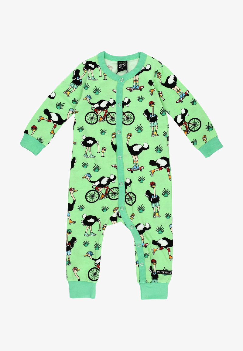 Tutina verde con struzzi neri raffigurati in varie attività, con chiusura a bottoni a pressione davanti e polsini e rifiniture turchesi a contrasto.