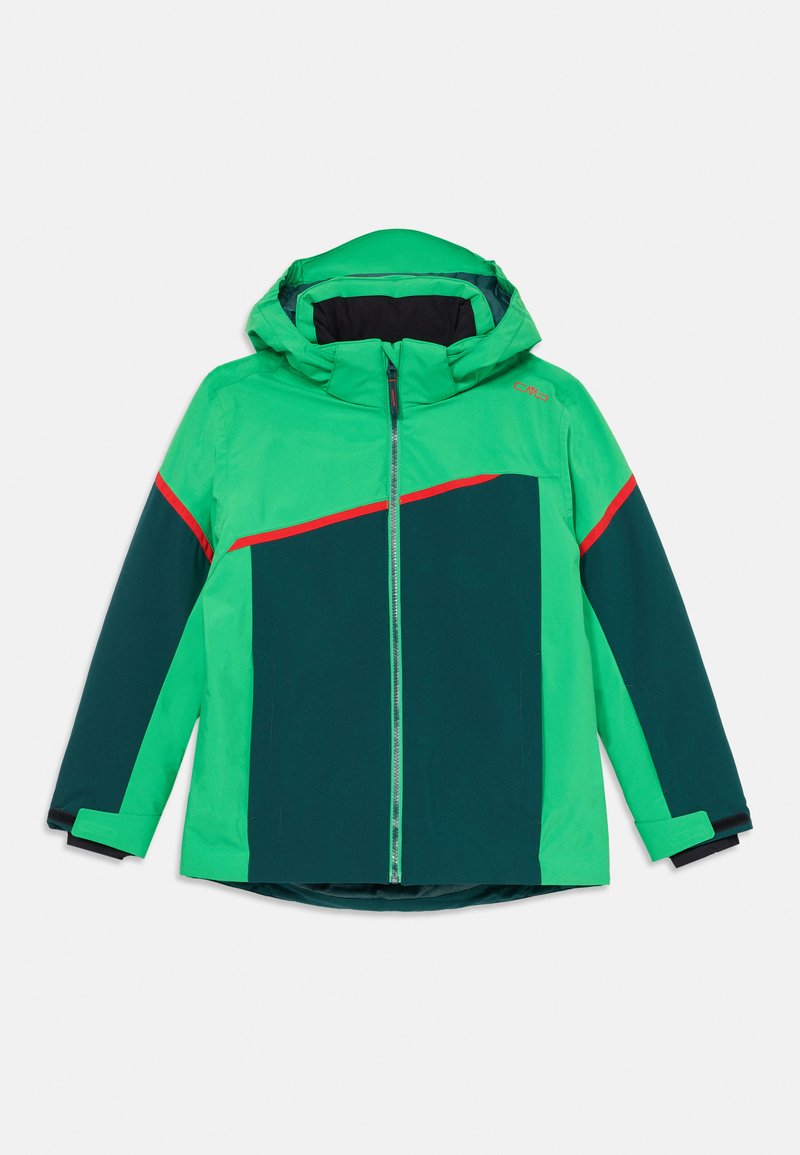 Grønn og mørk teal jakke med hette, med en rød aksentstripe, glidelås foran, og kontrasterende ermer. Glatt stoffstruktur.