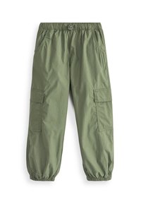 Gröna cargobyxor med elastiskt midjeband, sidofickor och elastiska muddar; tillverkade av lättviktsmaterial och har en enkel design.