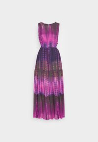 Robe longue en tissu transparent présentant un motif dégradé aux nuances de violet, rose et noir, avec une coupe sans manches et une taille cintrée.