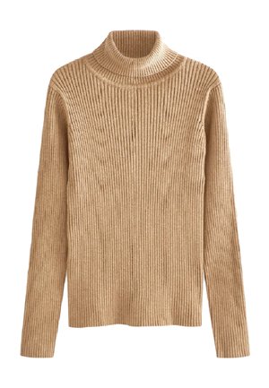 Jersey de cuello alto de punto acanalado color beige, manga larga, con silueta ceñida y textura suave.