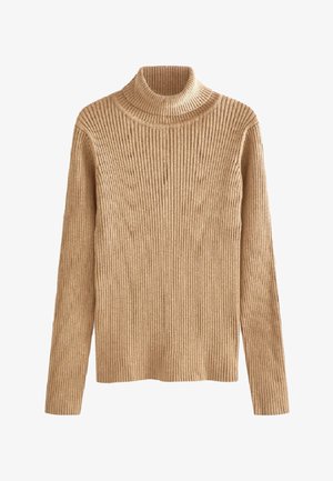 Beżowy prążkowany sweter z dzianiny z długim rękawem i golfem, o dopasowanym kroju i miękkiej fakturze.