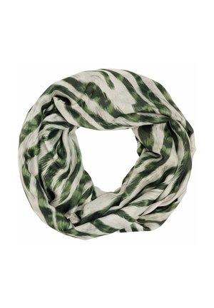 Green and cream infinity scarf featuring a textured, abstract zebra stripe pattern in soft, lightweight fabric.