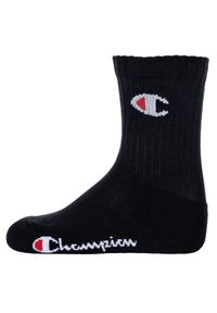 Calzino in cotone nero con texture a coste; presenta un logo rosso e bianco sul lato e il testo "Champion" in bianco nella parte inferiore.