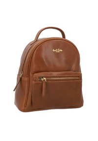 Ruskea nahkainen reppu, jossa on pyöreä muoto, etupuolella vetoketjullinen tasku kultaisilla yksityiskohdilla ja yläkahva kätevää kantamista varten.