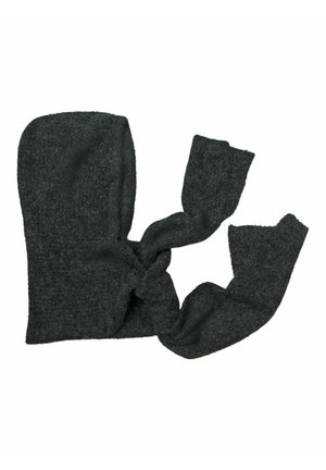Capuche en laine gris foncé avec écharpe torsadée attachée, posée à plat sur fond blanc.